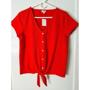 J.Crew Women Red Orange Textured Tie-Front V-Neck Button Down Short Sleeve Top M